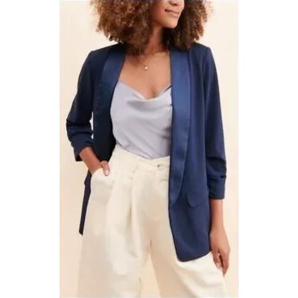 Anthropologie Jackets & Blazers - Anthropologie Hutch Satin Collar Open Front Blazer Navy Blue Size M